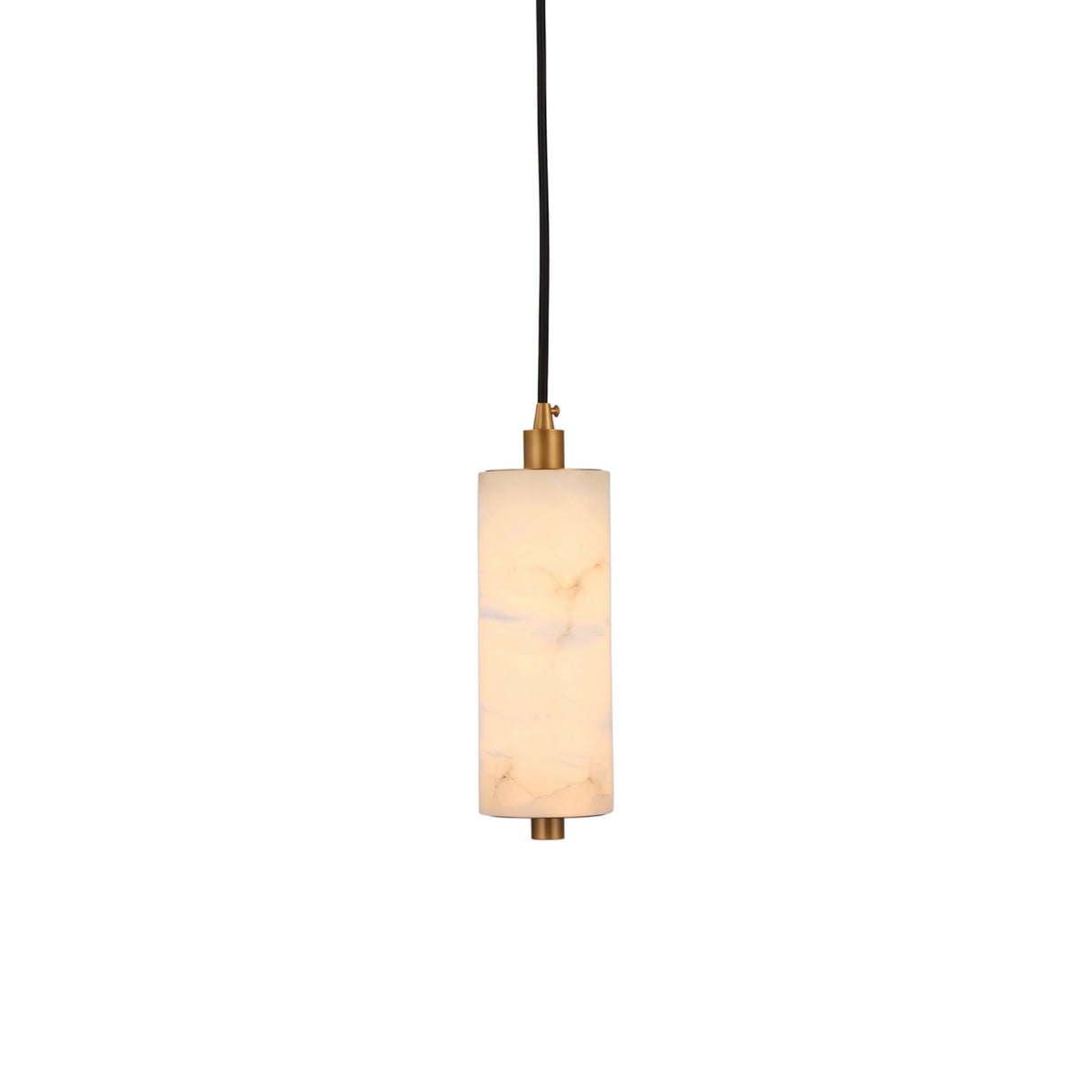 Ardent LED small pendant light with a cylindrical alabaster shade and brushed brass fittings, suspended from a black cable on a plain white background.