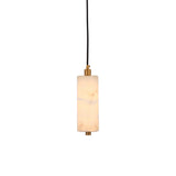 Ardent LED small pendant light with a cylindrical alabaster shade and brushed brass fittings, suspended from a black cable on a plain white background.