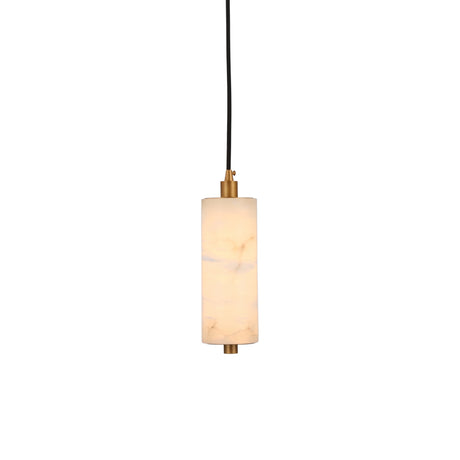 Ardent LED small pendant light with a cylindrical alabaster shade and brushed brass fittings, suspended from a black cable on a plain white background.