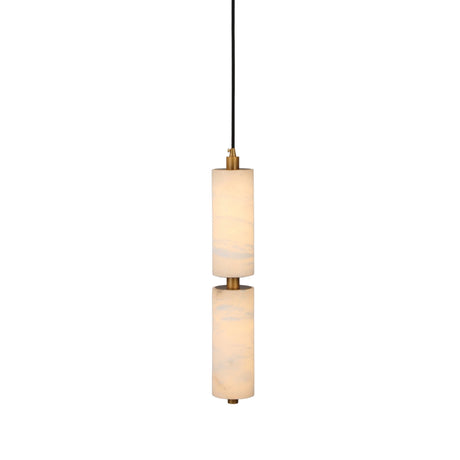 Niori Ardent Medium column pendant light with two stacked alabaster cylinders joined by a brushed brass collar, suspended on a black cable against white.