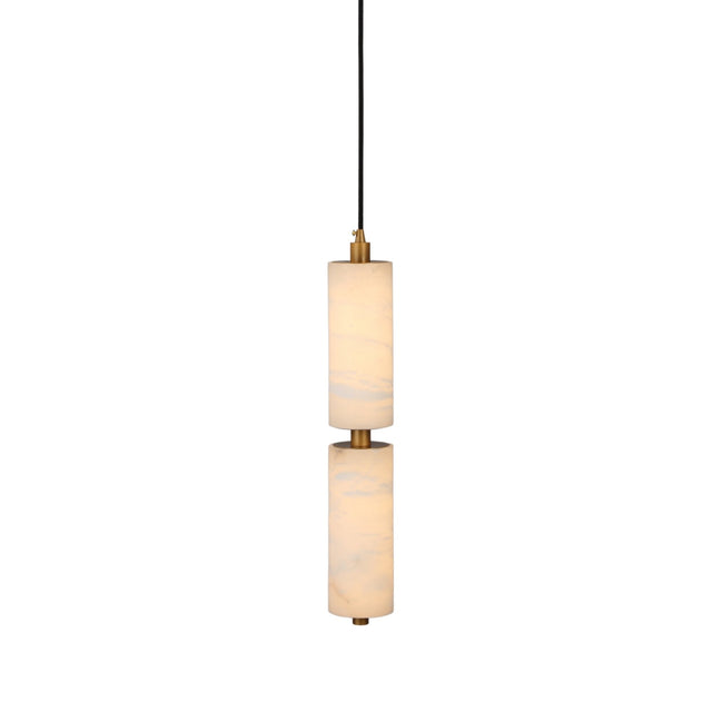 Niori Ardent Medium column pendant light with two stacked alabaster cylinders joined by a brushed brass collar, suspended on a black cable against white.