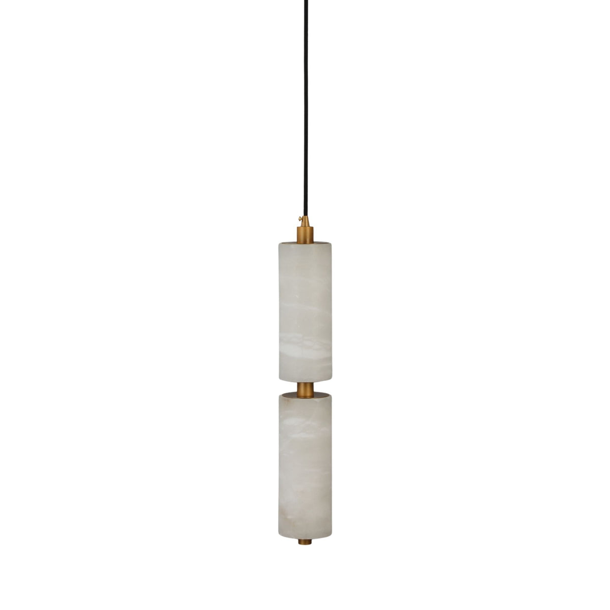 Ardent Medium column pendant light with two stacked natural alabaster cylinders joined by a brushed brass collar, brass ceiling fitting and black cable, on a plain white background.