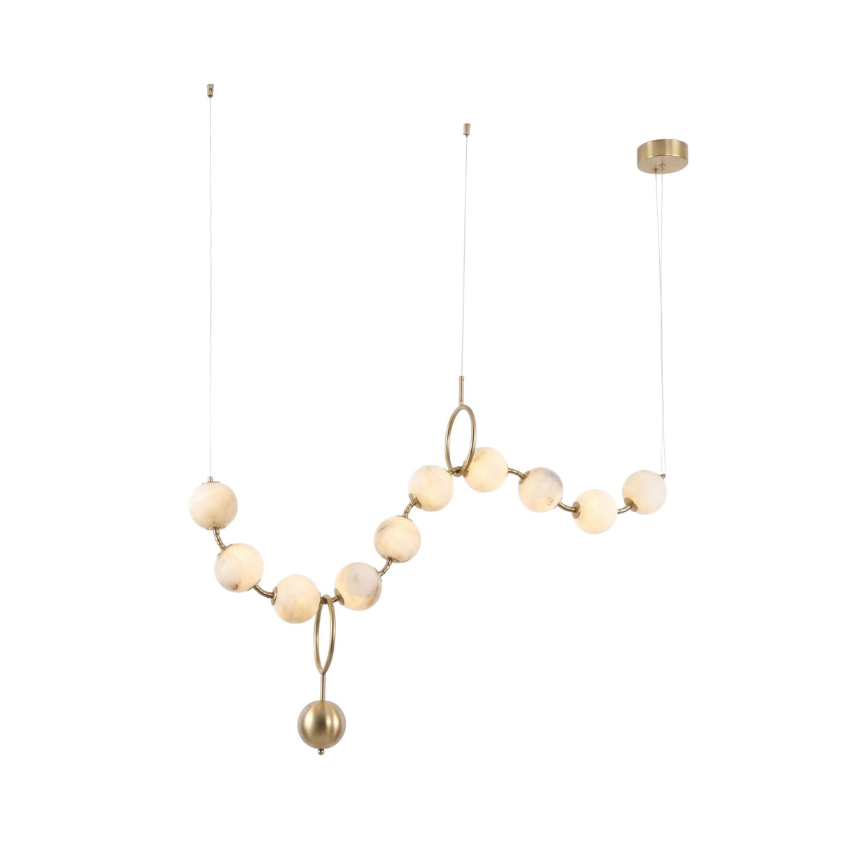 Niori Luxoria 10 Light Alabaster Chandelier in white and polished chrome, with alabaster globes draped along a twin-canopy armature with ring details.