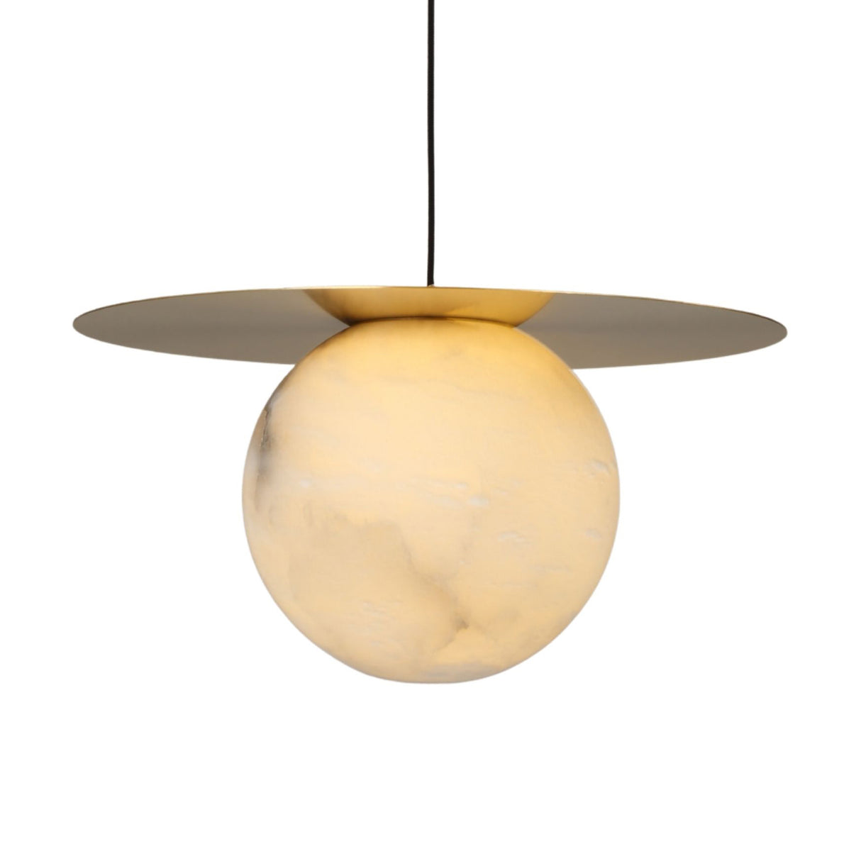 Marenzo Alabaster Orb Pendant Light in brushed brass, featuring a glowing 300mm alabaster sphere beneath a flat horizontal brass disc, shown on a plain white background.