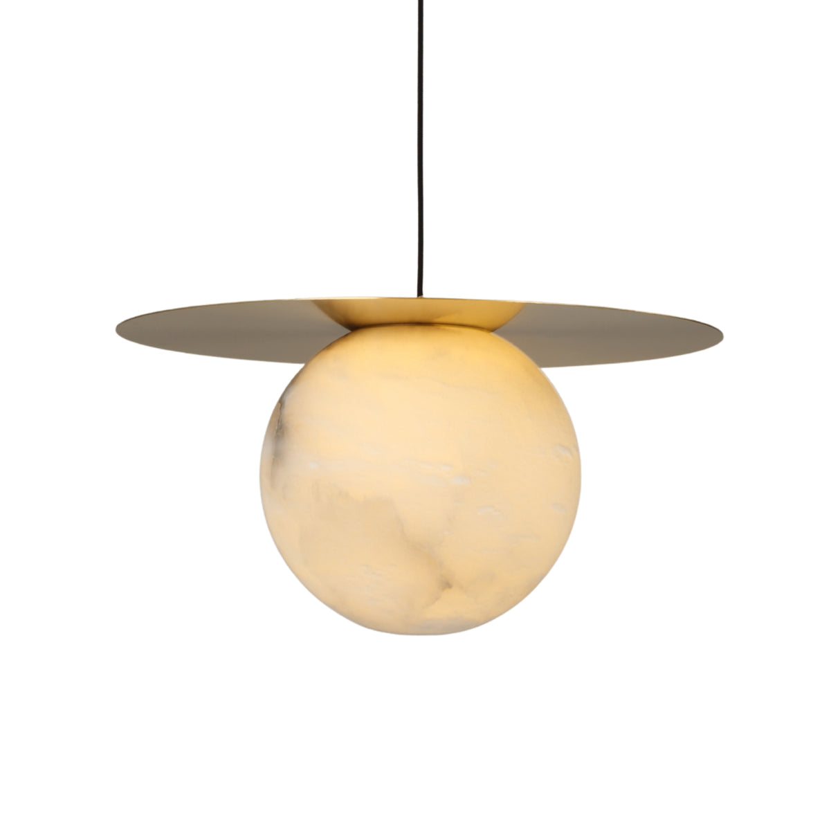 Marenzo Small Orb Alabaster Pendant Light in Brushed Brass, featuring a spherical alabaster orb beneath a flat circular brass disc, shown on a plain white background.