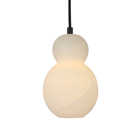Niori Orlune pear-shaped pendant light in soft white Spanish alabaster with double-gourd silhouette, suspended from a black cord against a plain background.