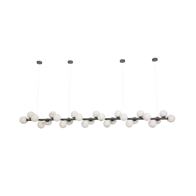 Niori Axis 27 Light linear chandelier with staggered alabaster spheres along a matte black bar, suspended from four cable drops on a white background.