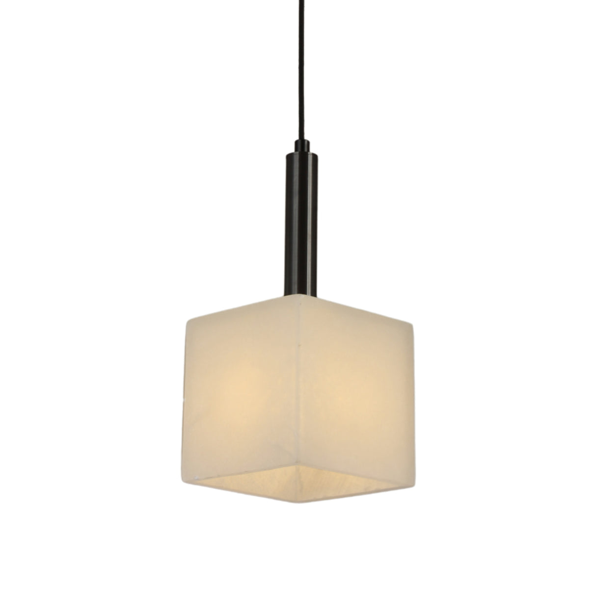 Draxen Alabaster Drum Pendant Light with cube-shaped natural alabaster shade, matte black stem and brass cable collar, shown on a plain white background.