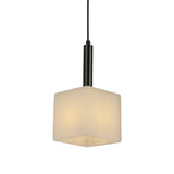 Draxen Alabaster Drum Pendant Light with cube-shaped natural alabaster shade, matte black stem and brass cable collar, shown on a plain white background.