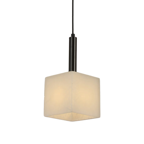 Draxen Alabaster Drum Pendant Light with cube-shaped natural alabaster shade, matte black stem and brass cable collar, shown on a plain white background.