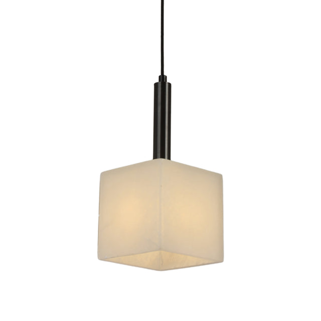 Draxen Alabaster Drum Pendant Light with cube-shaped natural alabaster shade, matte black stem and brass cable collar, shown on a plain white background.