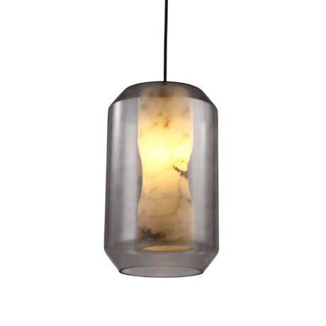 Niori Vale faceted alabaster pendant light with a lit Spanish alabaster core inside a clear faceted glass shell on black flex, shown on a white background.
