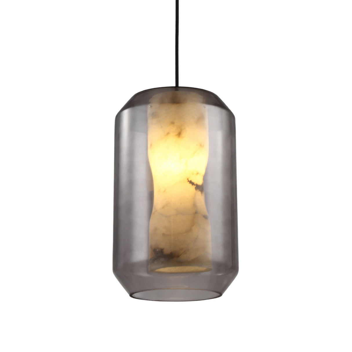 Vale Faceted Alabaster Pendant Light in Soft White, showing a cylindrical natural alabaster column glowing within a faceted clear glass shade on black flex, set against a plain white background.