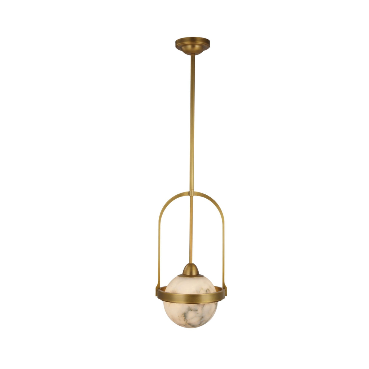 Calis Alabaster Single Pendant Light in brushed brass, featuring an arched frame and spherical alabaster globe with a central brass band, on a white background.