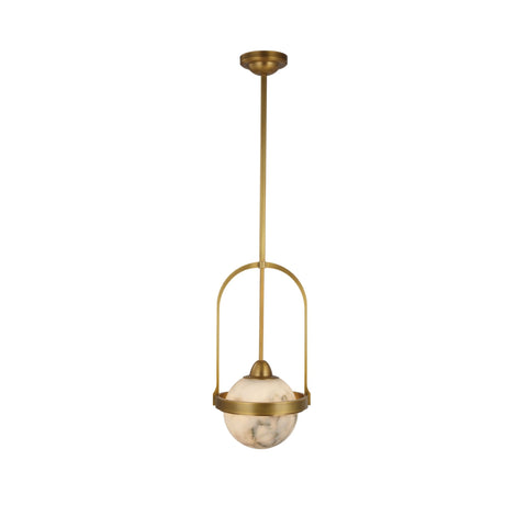 Calis Alabaster Single Pendant Light in brushed brass, featuring an arched frame and spherical alabaster globe with a central brass band, on a white background.