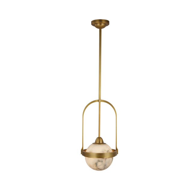 Calis Alabaster Single Pendant Light in brushed brass, featuring an arched frame and spherical alabaster globe with a central brass band, on a white background.