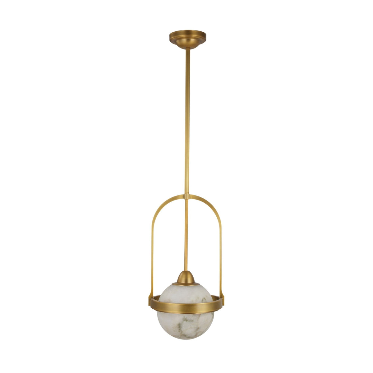 Calis Alabaster Single Pendant Light in Brushed Brass, with an arched frame holding a spherical alabaster globe and brass band.