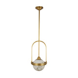 Calis Alabaster Single Pendant Light in Brushed Brass, with an arched frame holding a spherical alabaster globe and brass band.