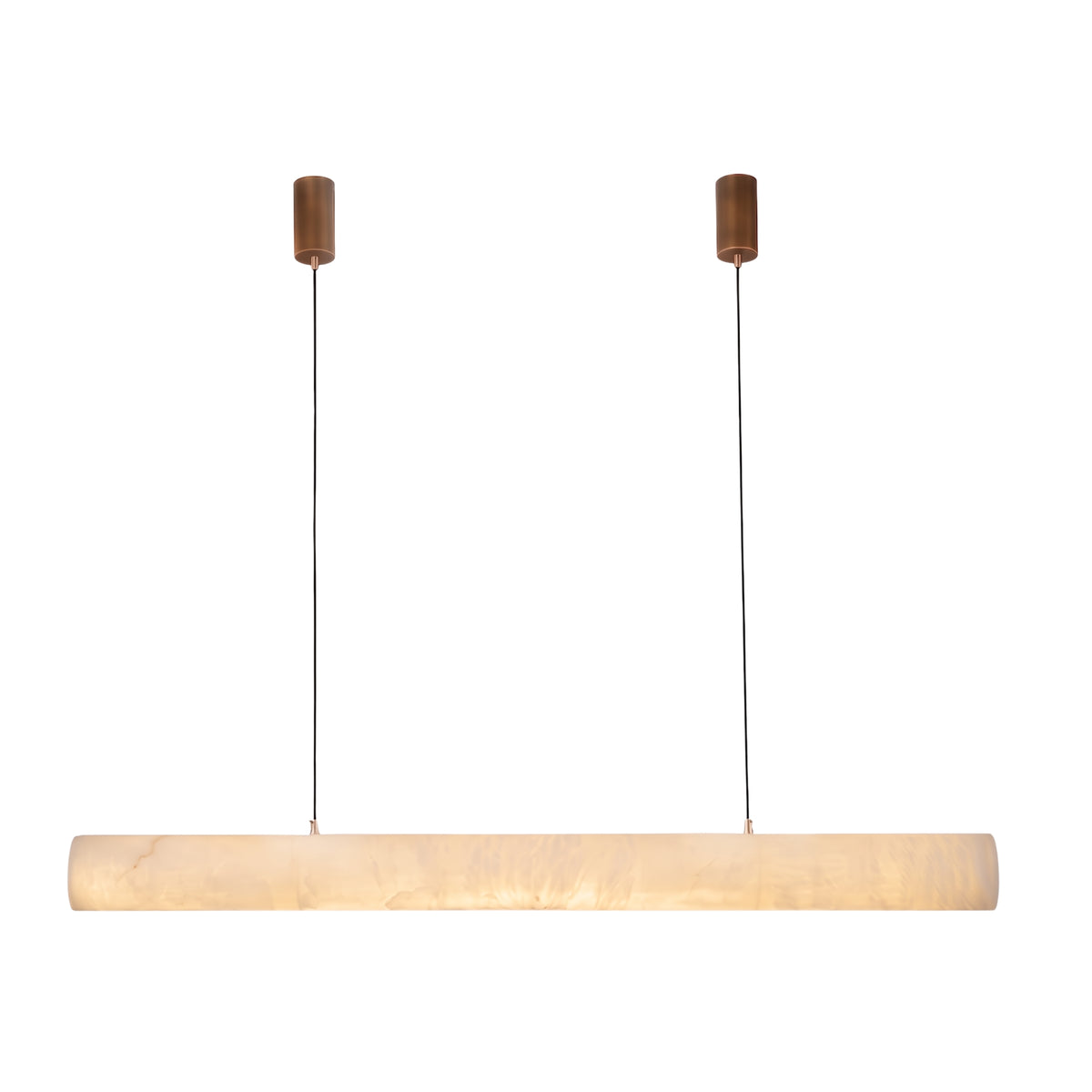 Zareon LED Large Linear Alabaster Chandelier in soft white, a cylindrical stone pendant suspended on twin cables from bronze ceiling fixings, shown on a plain white background.