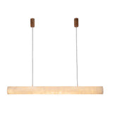 Zareon LED Large Linear Alabaster Chandelier in soft white, a cylindrical stone pendant suspended on twin cables from bronze ceiling fixings, shown on a plain white background.