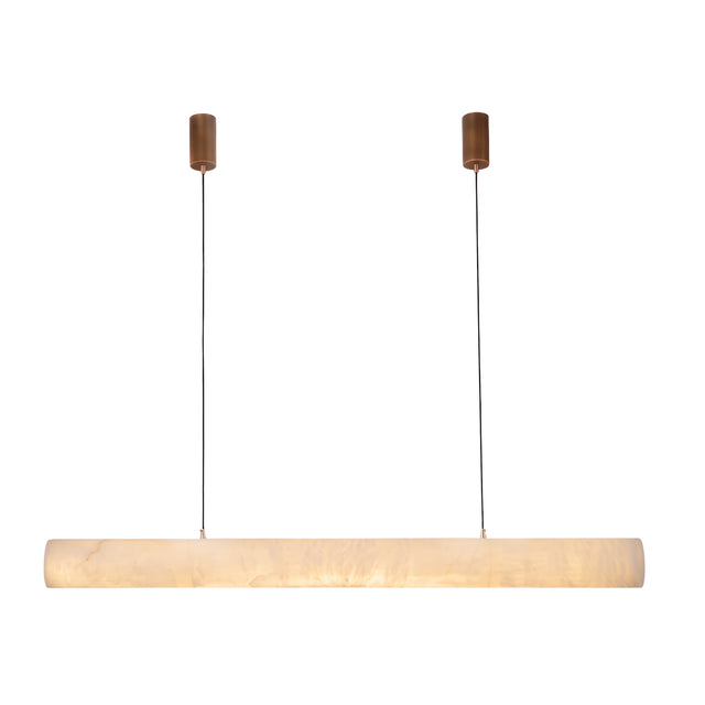 Zareon LED Large Linear Alabaster Chandelier in soft white, a cylindrical stone pendant suspended on twin cables from bronze ceiling fixings, shown on a plain white background.