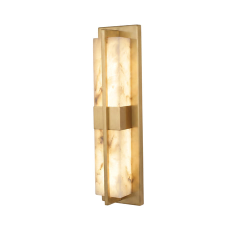 Caldera LED Small Split-Core Alabaster Wall Light in Brushed Brass, showing a vertical alabaster column split by a central brass band with slim brass uprights, on a plain white background.