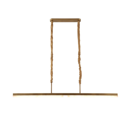Elvaris LED Linear Alabaster Chandelier in brushed brass, featuring a slim horizontal bar suspended by two fabric-wrapped rods from a rectangular ceiling plate, shown on a plain white background.