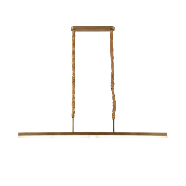 Elvaris LED Linear Alabaster Chandelier in brushed brass, featuring a slim horizontal bar suspended by two fabric-wrapped rods from a rectangular ceiling plate, shown on a plain white background.