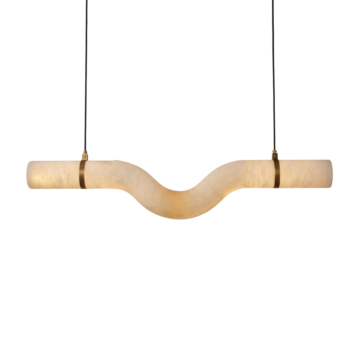 Zareon LED Large Curved Alabaster Chandelier with S-shaped tube, brushed brass strap mounts and twin black suspension cables, on a plain white background.