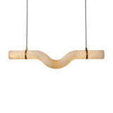 Zareon LED Large Curved Alabaster Chandelier with S-shaped tube, brushed brass strap mounts and twin black suspension cables, on a plain white background.