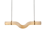 Zareon LED Curved Alabaster Chandelier featuring a continuous S-shaped stone tube with brushed brass collars and canopies, suspended on black cables against a plain white background.
