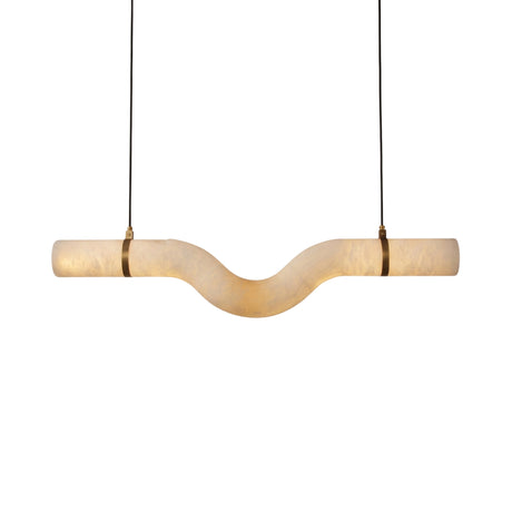 Zareon LED Curved Alabaster Chandelier featuring a continuous S-shaped stone tube with brushed brass collars and canopies, suspended on black cables against a plain white background.