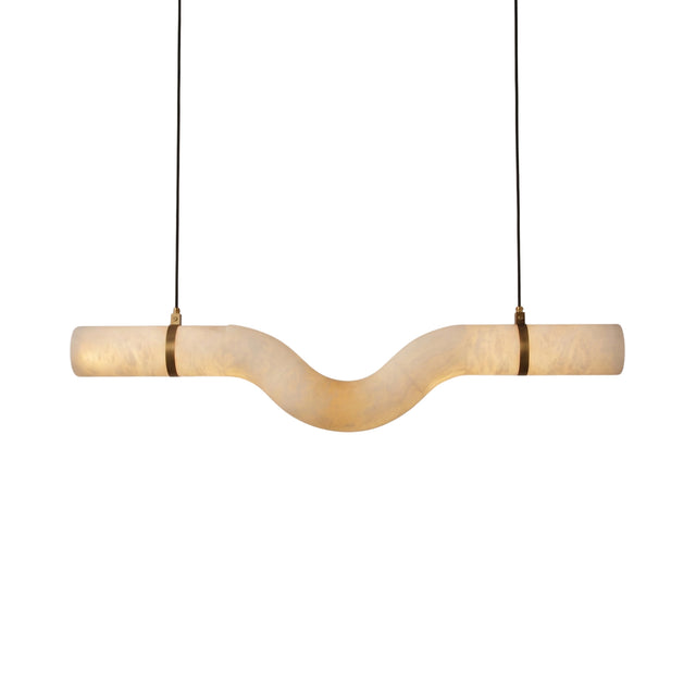 Zareon LED Curved Alabaster Chandelier featuring a continuous S-shaped stone tube with brushed brass collars and canopies, suspended on black cables against a plain white background.