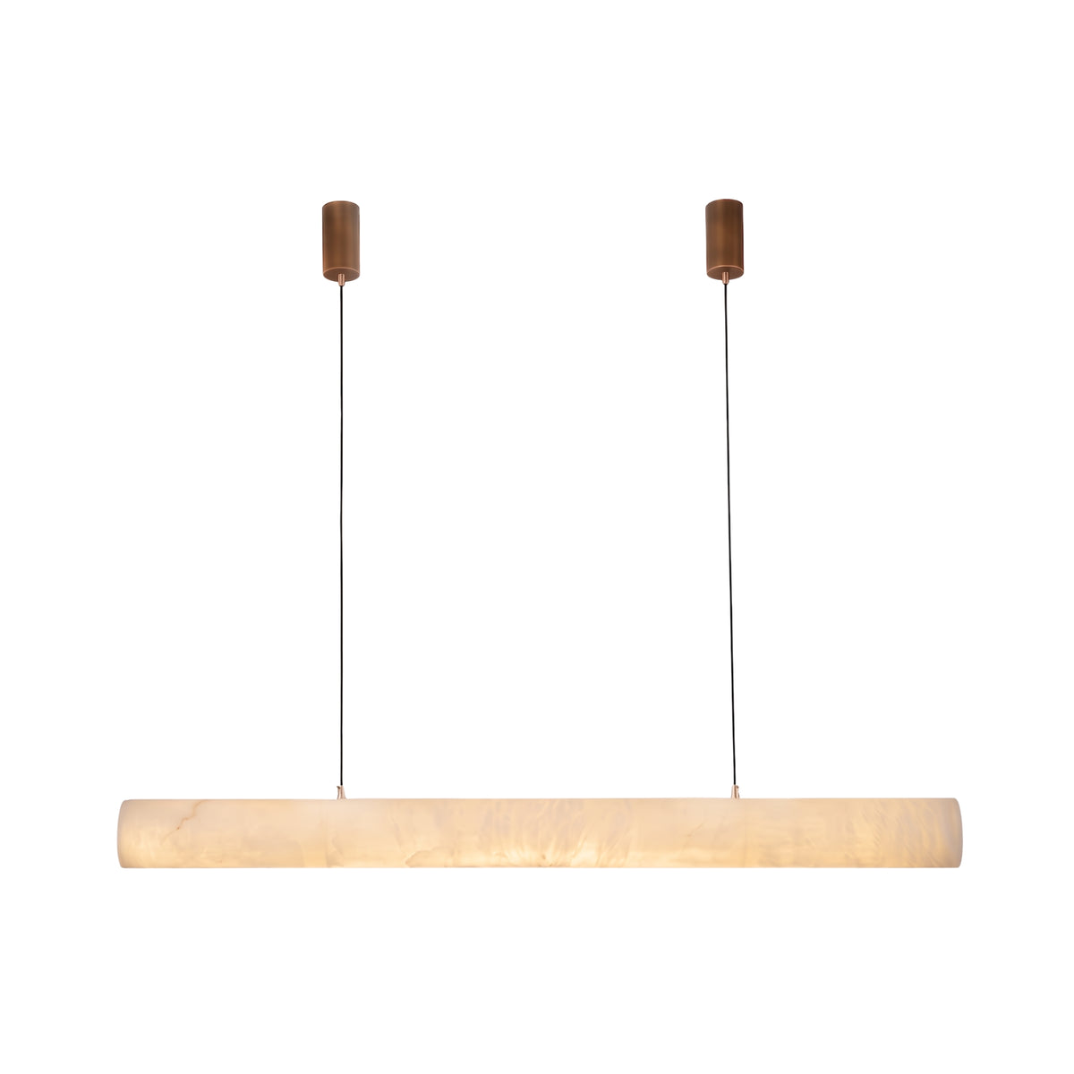 Zareon LED Medium Linear Alabaster Chandelier in soft white, a horizontal cylindrical pendant with brass-finish ceiling caps and twin cable suspensions, shown against a plain white background.