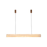 Zareon LED Small Linear Alabaster Chandelier in soft white, a horizontal cylinder pendant on two slim cables with brass-toned ceiling fixings, shown on a plain white background.