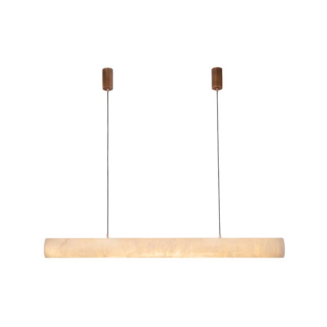Zareon LED Small Linear Alabaster Chandelier in soft white, a horizontal cylinder pendant on two slim cables with brass-toned ceiling fixings, shown on a plain white background.