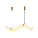Zareon LED Medium Stepped Alabaster Chandelier in Brushed Brass, a zigzag alabaster tube pendant with brass collars and dual cable drops on a plain white background.