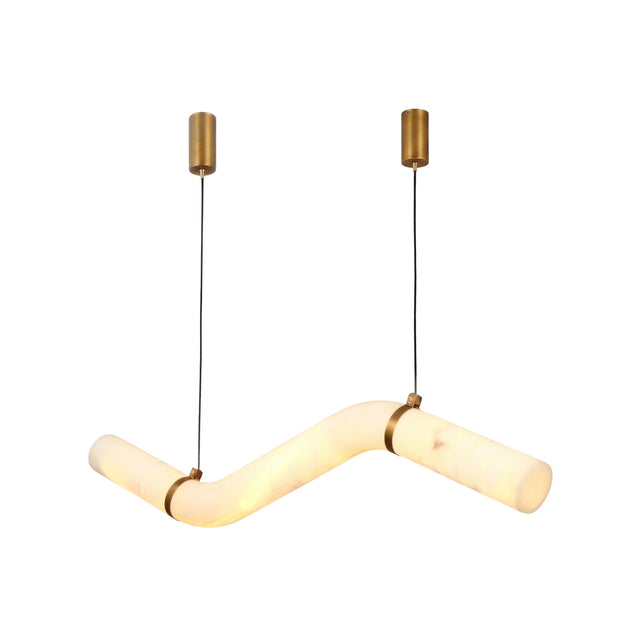Zareon LED Medium Stepped Alabaster Chandelier in Brushed Brass, a zigzag alabaster tube pendant with brass collars and dual cable drops on a plain white background.
