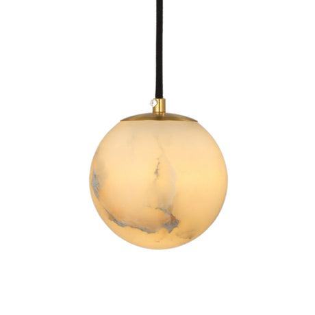 Lyvane small globe pendant light with a spherical natural alabaster shade, brushed brass cap, and black flex cord, shown on a plain white background.