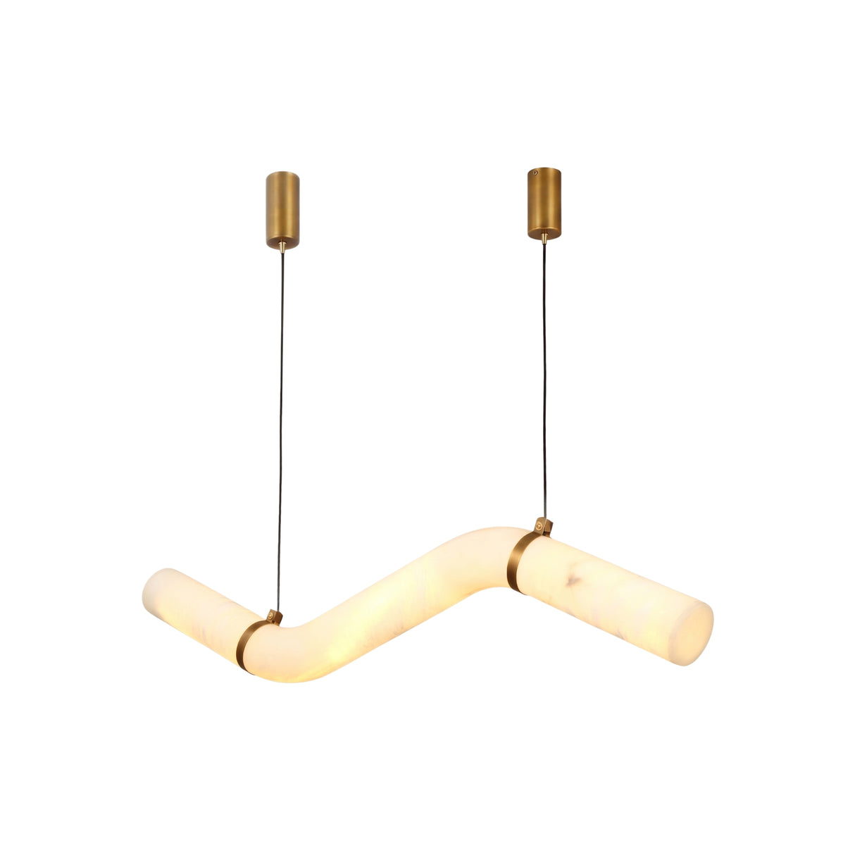Zareon Small LED stepped chandelier with a horizontal alabaster tube joined by brushed brass collars, suspended from two black cables with cylindrical brass canopies against a white background.