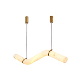 Zareon Small LED stepped chandelier with a horizontal alabaster tube joined by brushed brass collars, suspended from two black cables with cylindrical brass canopies against a white background.