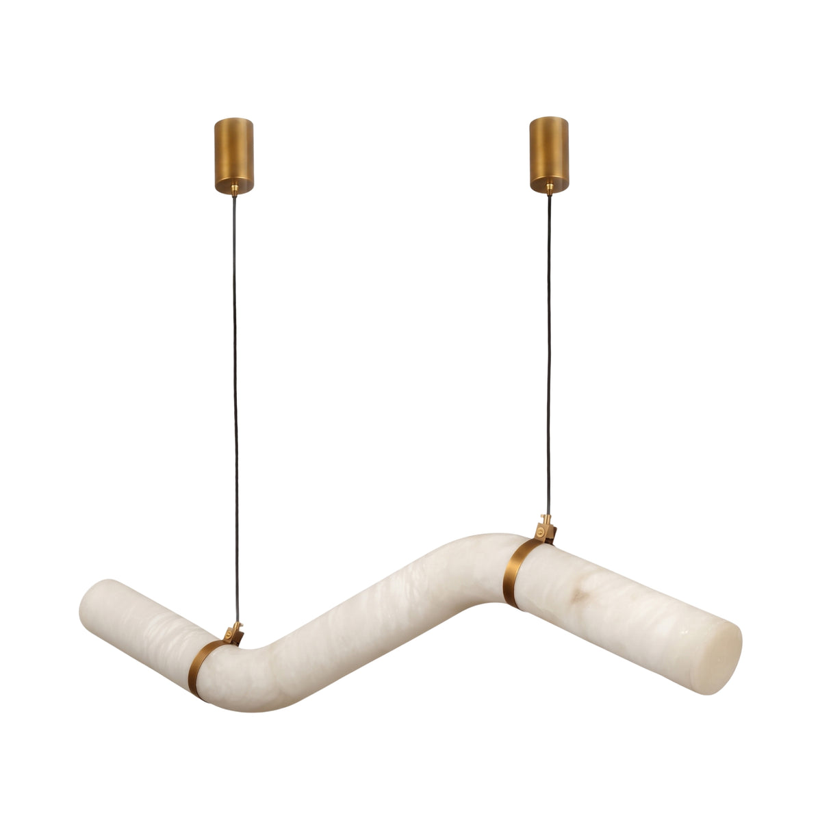 Zareon LED Medium Stepped Alabaster Chandelier in brushed brass, a zigzag alabaster tube pendant with brass collars and joints, hung from two brass ceiling cups on a plain white background.