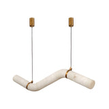 Zareon Small Stepped Alabaster Chandelier with a jointed horizontal alabaster tube, brushed brass collars and cylindrical ceiling canopies on black cable drops, shown on a plain white background.