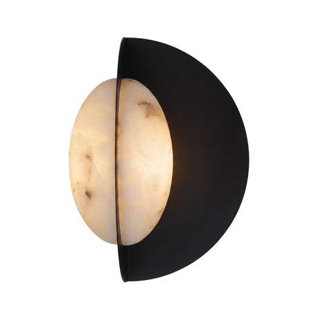 Althia LED Alabaster Wall Light by Niori in matt black, featuring a pale alabaster disc set against a black half-bowl shade.