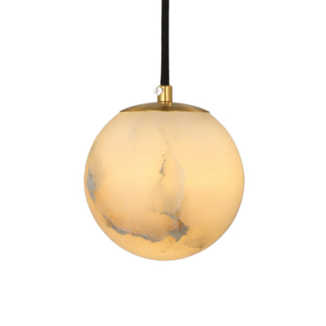 Lyvane 1 Light globe pendant with a natural alabaster shade in soft white, brushed brass collar, and black flex cord, shown against a plain white background.
