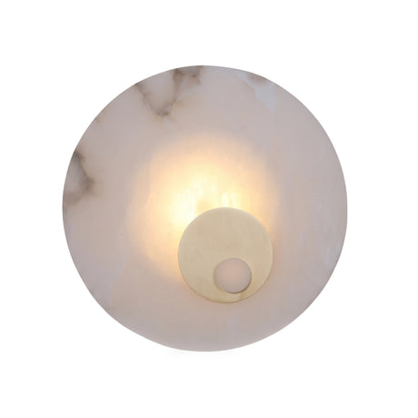 Selvana LED Large Alabaster Wall Light in soft white, a round natural alabaster disc with a brushed brass centre detail and warm integrated LED glow, shown on a plain white background.
