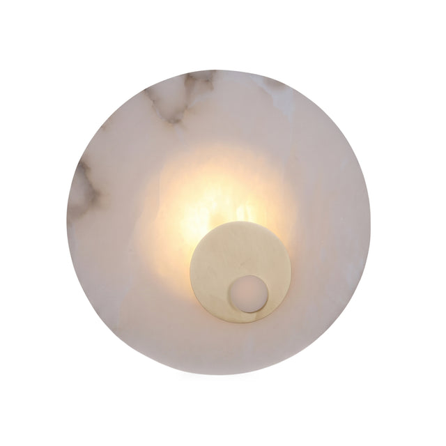 Selvana LED Large Alabaster Wall Light in soft white, a round natural alabaster disc with a brushed brass centre detail and warm integrated LED glow, shown on a plain white background.
