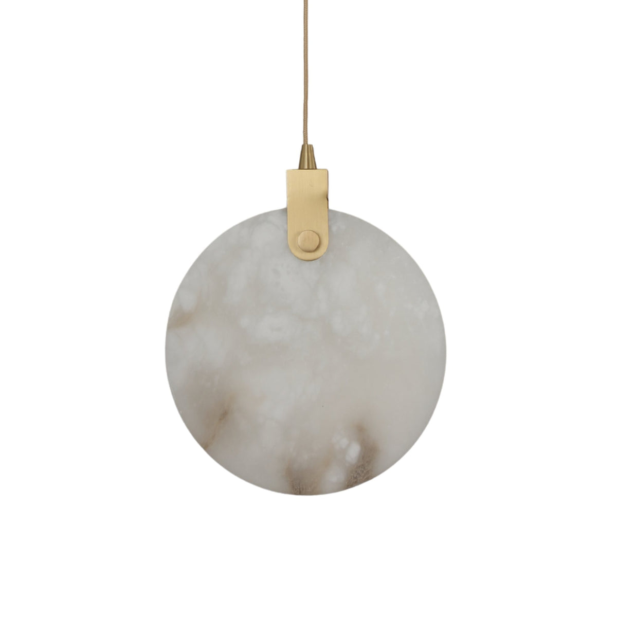 Niori Luna LED Medium 250mm alabaster disc pendant with brushed brass hinge and suspension cable, shown on a plain white background.