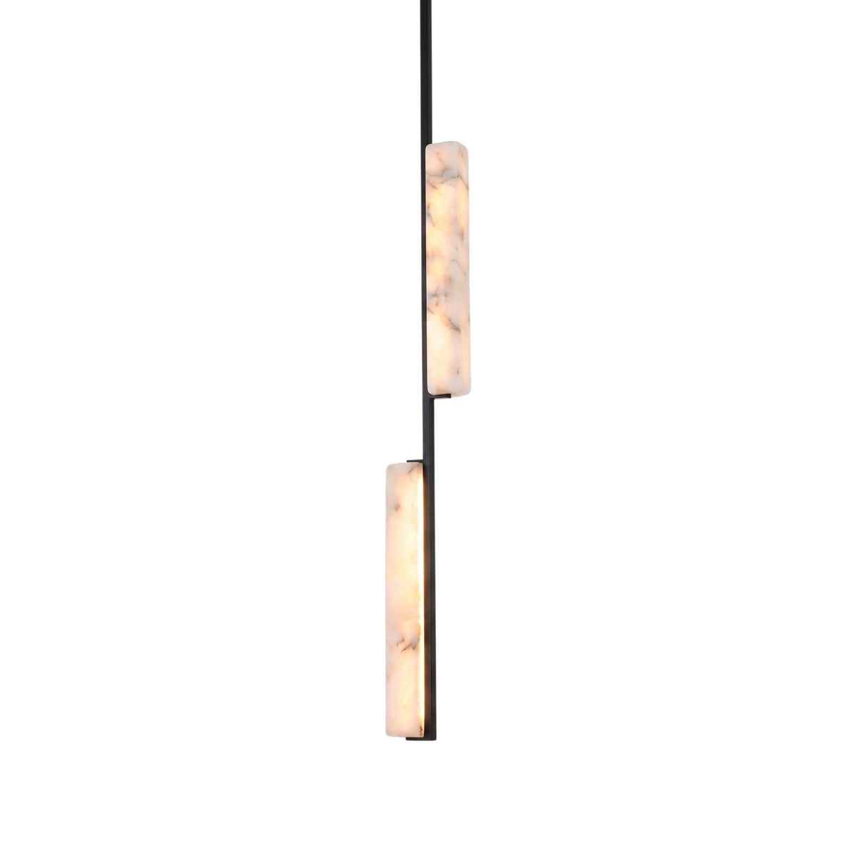 Selvara LED Vertical Duo Alabaster Pendant Light in matt black, with two staggered alabaster bars glowing along a slim black stem on a plain white background.