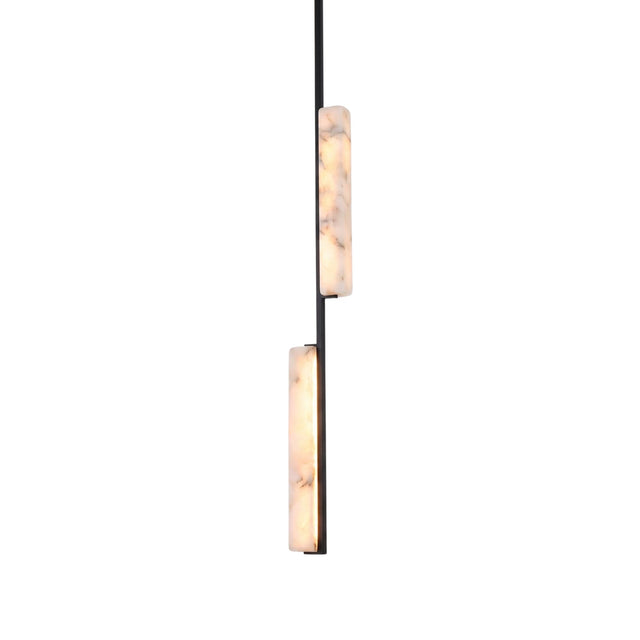 Selvara LED Vertical Duo Alabaster Pendant Light in matt black, with two staggered alabaster bars glowing along a slim black stem on a plain white background.